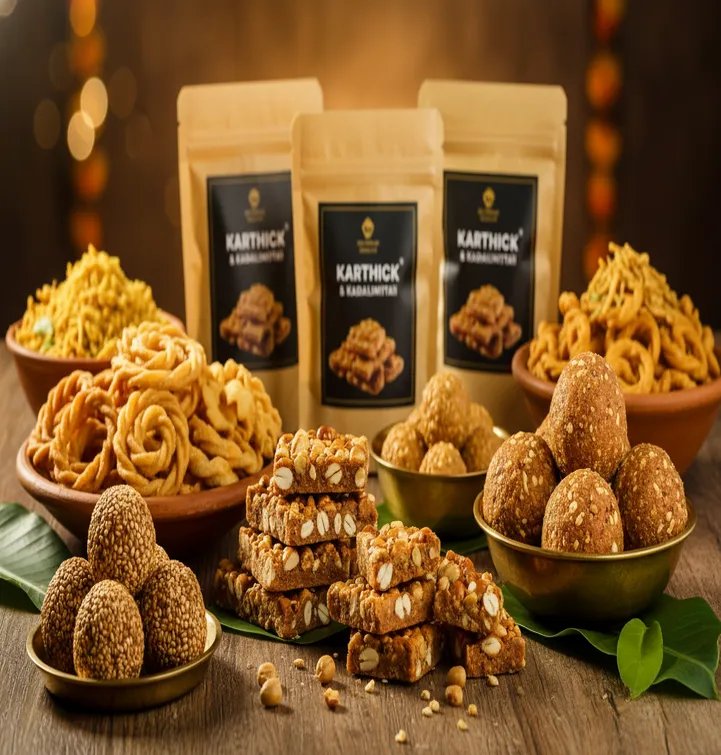 Black-label Karthick Sweets bulk packs behind bowls of murukku, mixture and laddu