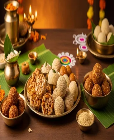 Brass plates of laddu, ellu urundai and chikki laid out on banana leaf with oil lamps