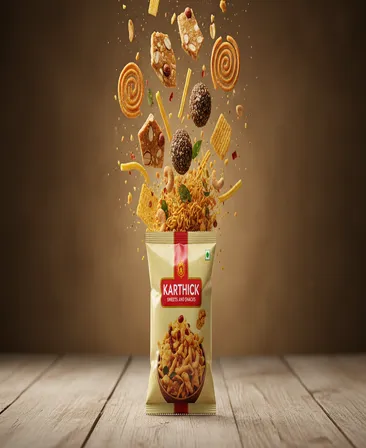 Mixture, murukku and chikki bursting out of a Karthick Sweets snack pack