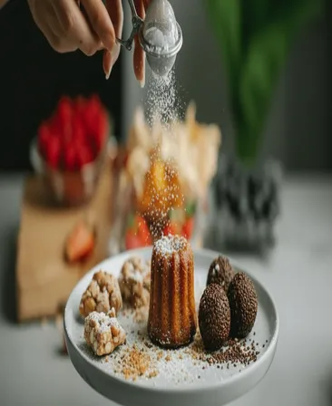 Icing sugar being dusted over a plated sweet