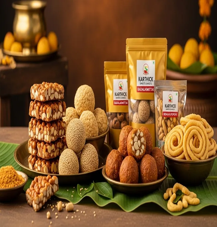 Branded Karthick Sweets retail packs of kadalaimittai beside brass trays of sweets