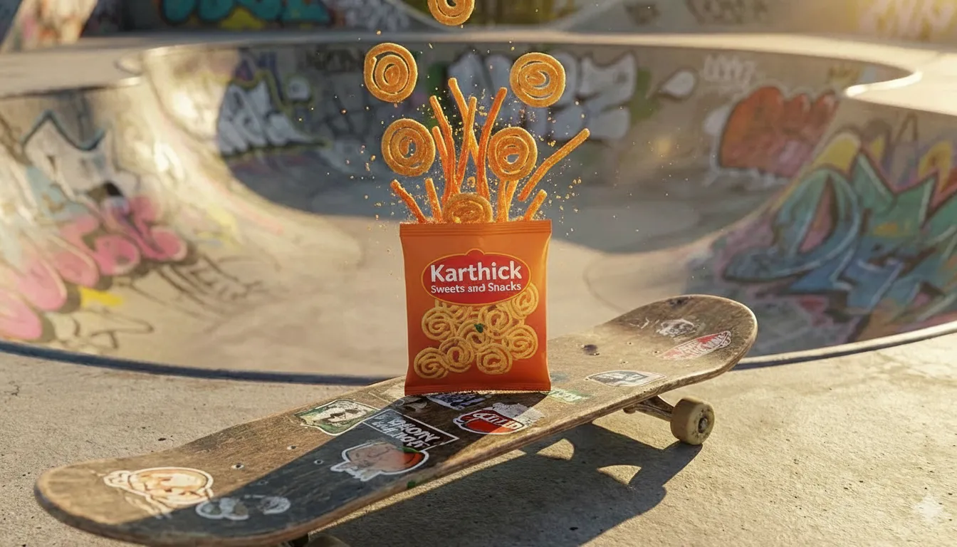 A Karthick Sweets snack pack on a skateboard, murukku spilling out above it